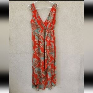 KUT FROM THE KLOTH Women’s Maxi Dress Small Orange Teal Romantic Hi Low Party